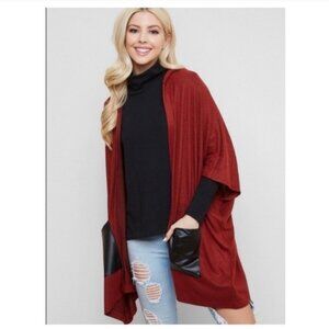 Hooded Burgundy Open Front Poncho With Faux Leather Pockets -NEW